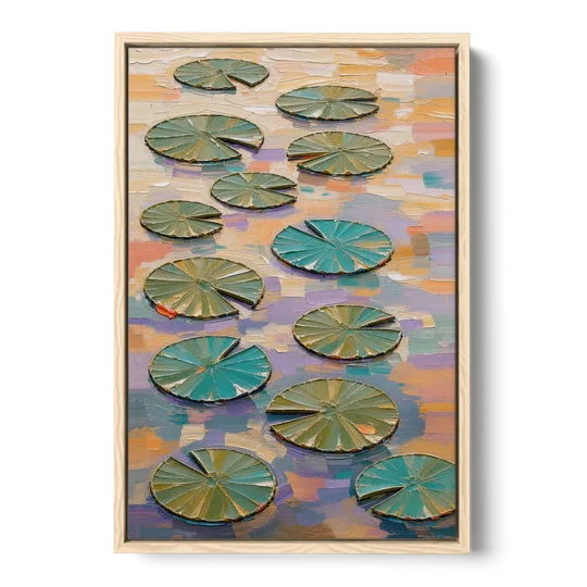 Sage and Teal Lily Pads on Peach Water - Oak Framed Canvas Wall Art - Front