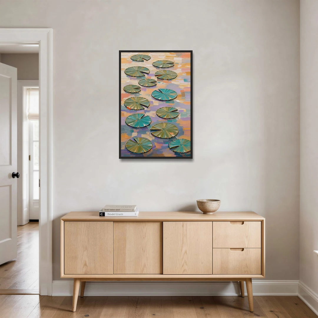 Sage and Teal Lily Pads on Peach Water - Black Framed Canvas Wall Art - Coffee Table - 24x36