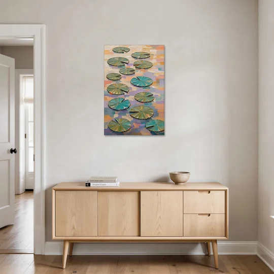 Sage and Teal Lily Pads on Peach Water - Canvas Wall Art - Coffee Table - 24x36