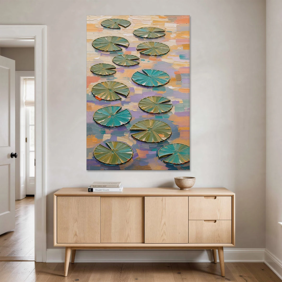 Sage and Teal Lily Pads on Peach Water - Canvas Wall Art - Coffee Table - 40x60