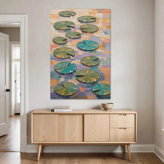 Sage and Teal Lily Pads on Peach Water - Canvas Wall Art - Coffee Table - 40x60