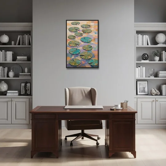 Sage and Teal Lily Pads on Peach Water - Black Framed Canvas Wall Art - Office - 24x36