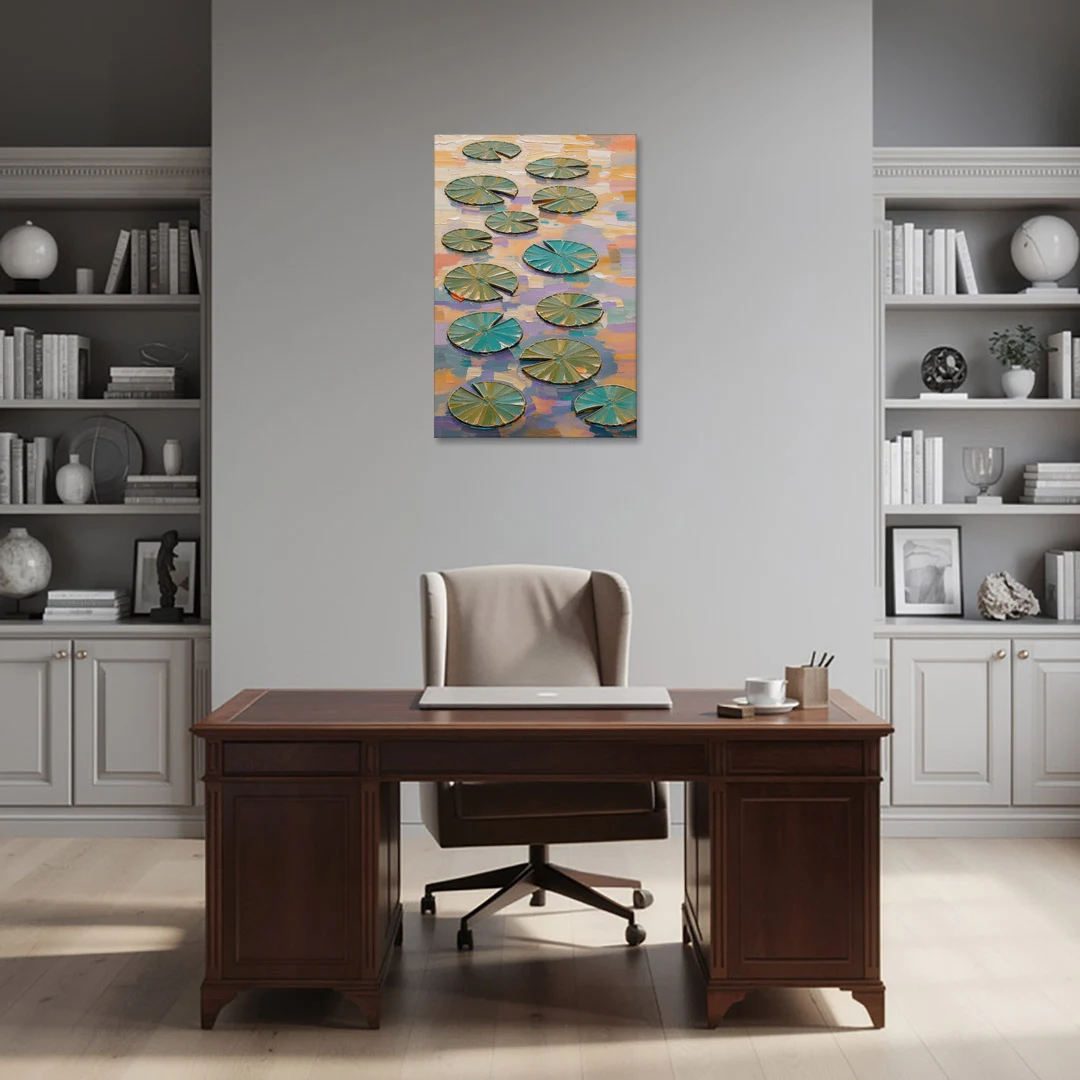 Sage and Teal Lily Pads on Peach Water - Canvas Wall Art - Office - 24x36