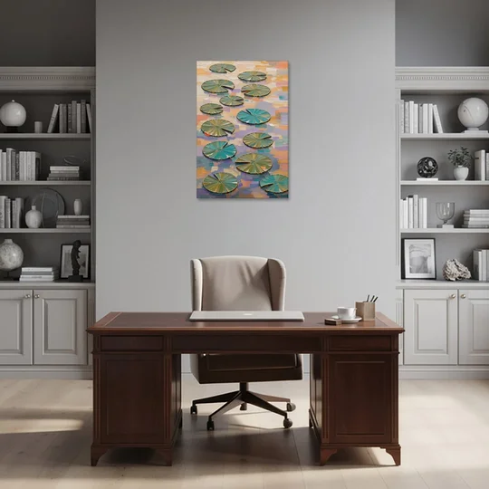 Sage and Teal Lily Pads on Peach Water - Canvas Wall Art - Office - 24x36