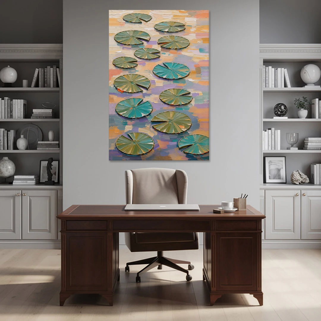 Sage and Teal Lily Pads on Peach Water - Canvas Wall Art - Office - 40x60