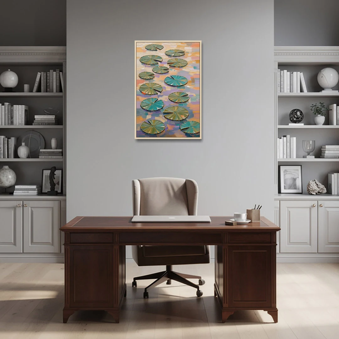 Sage and Teal Lily Pads on Peach Water - Oak Framed Canvas Wall Art - Office - 24x36