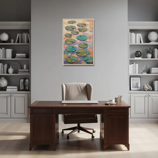 Sage and Teal Lily Pads on Peach Water - Oak Framed Canvas Wall Art - Office - 24x36