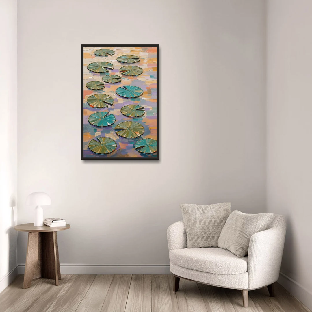 Sage and Teal Lily Pads on Peach Water - Black Framed Canvas Wall Art - Sofa - 24x36
