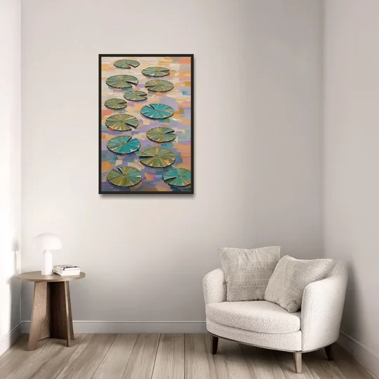 Sage and Teal Lily Pads on Peach Water - Black Framed Canvas Wall Art - Sofa - 24x36