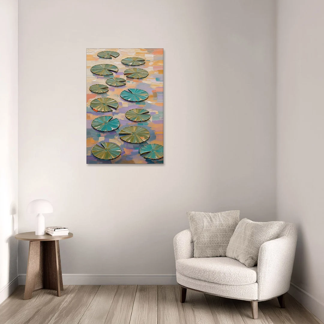 Sage and Teal Lily Pads on Peach Water - Canvas Wall Art - Sofa - 24x36