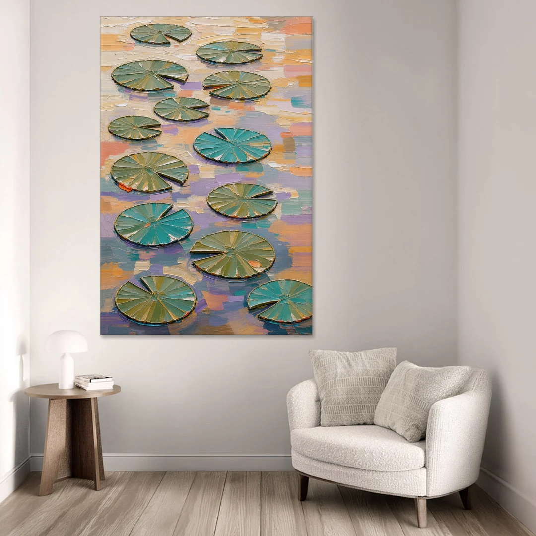 Sage and Teal Lily Pads on Peach Water - Canvas Wall Art - Sofa - 40x60