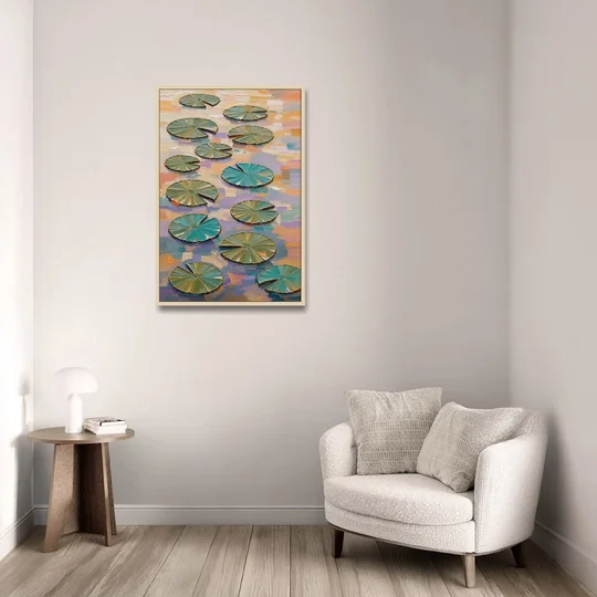 Sage and Teal Lily Pads on Peach Water - Oak Framed Canvas Wall Art - Sofa - 24x36