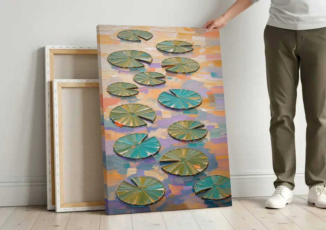 Sage and Teal Lily Pads on Peach Water canvas wall art leaning against a wall next to blank canvases