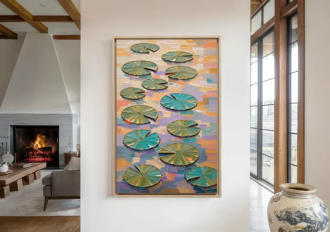 Sage and Teal Lily Pads on Peach Water canvas wall art in a living room with a fireplace