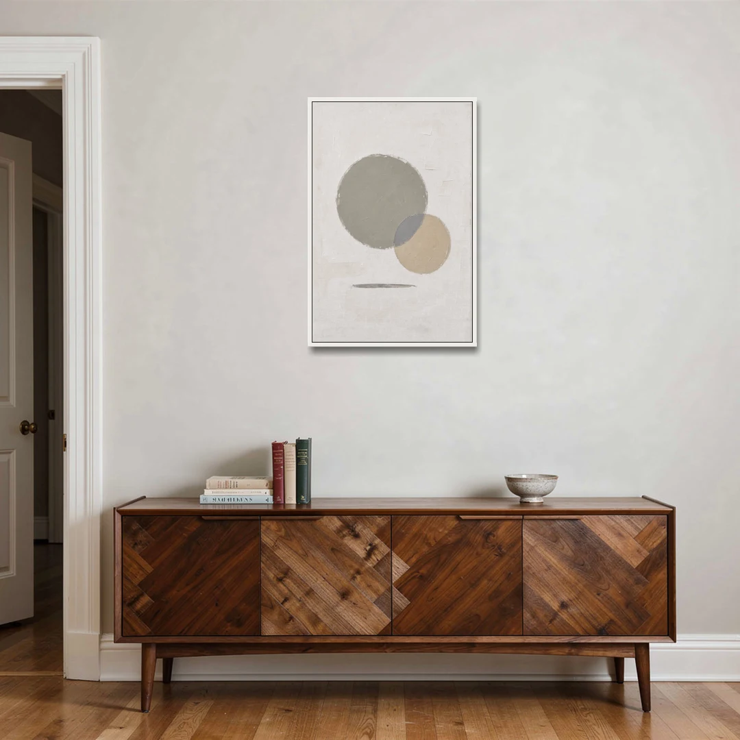 Sage Green Abstract Art with a Dry Grass Circle - White Framed Canvas Wall Art - Coffee Table - 24x36