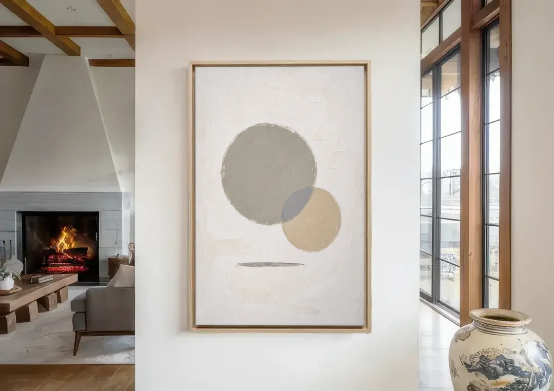 Sage Green Abstract Art with a Dry Grass Circle canvas wall art in a living room with a fireplace
