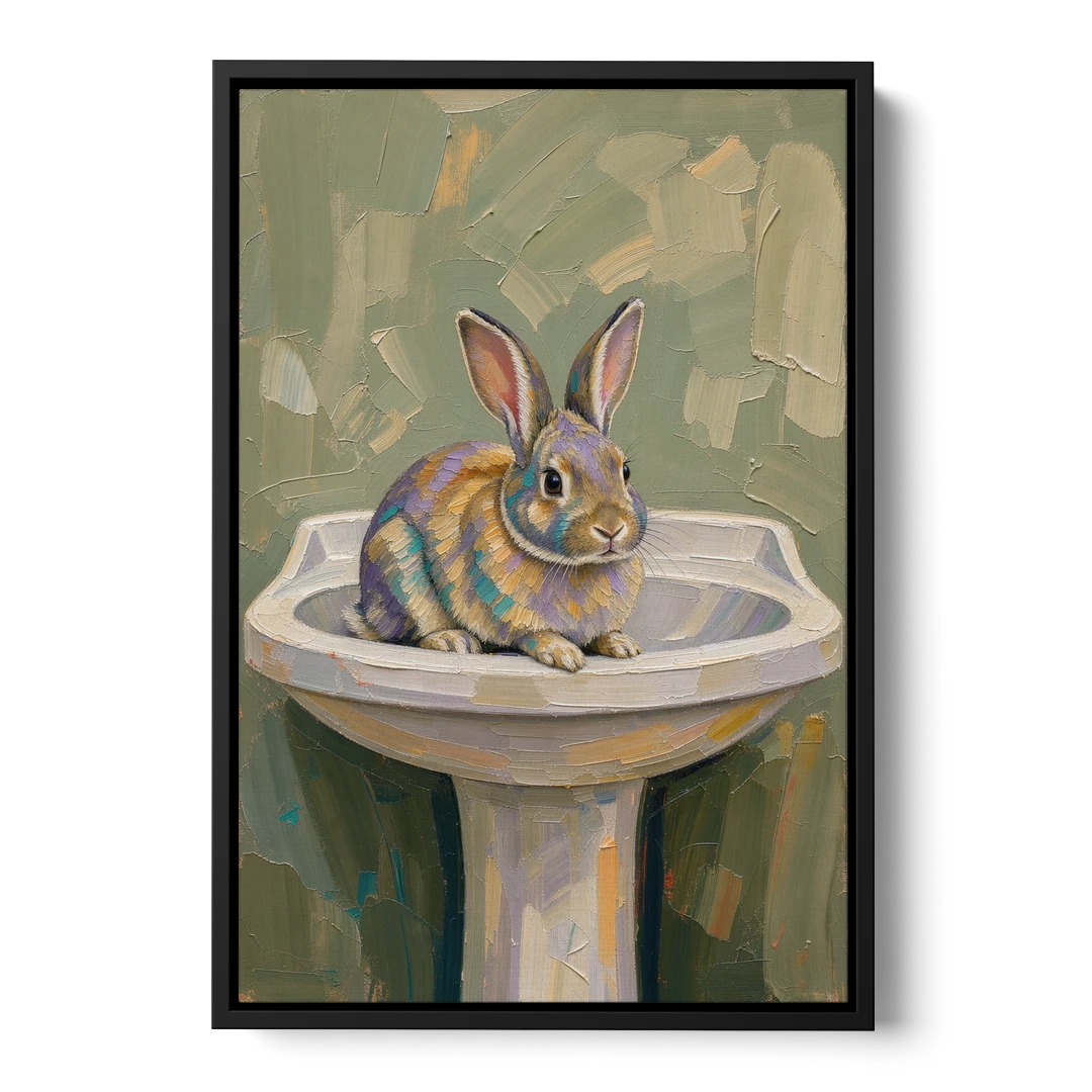 Sage Green Bathroom Wall Art with a Basin Bunny - Black Framed Canvas Wall Art - Front
