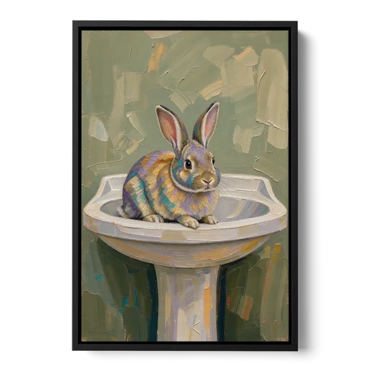 Sage Green Bathroom Wall Art with a Basin Bunny - Black Framed Canvas Wall Art - Front