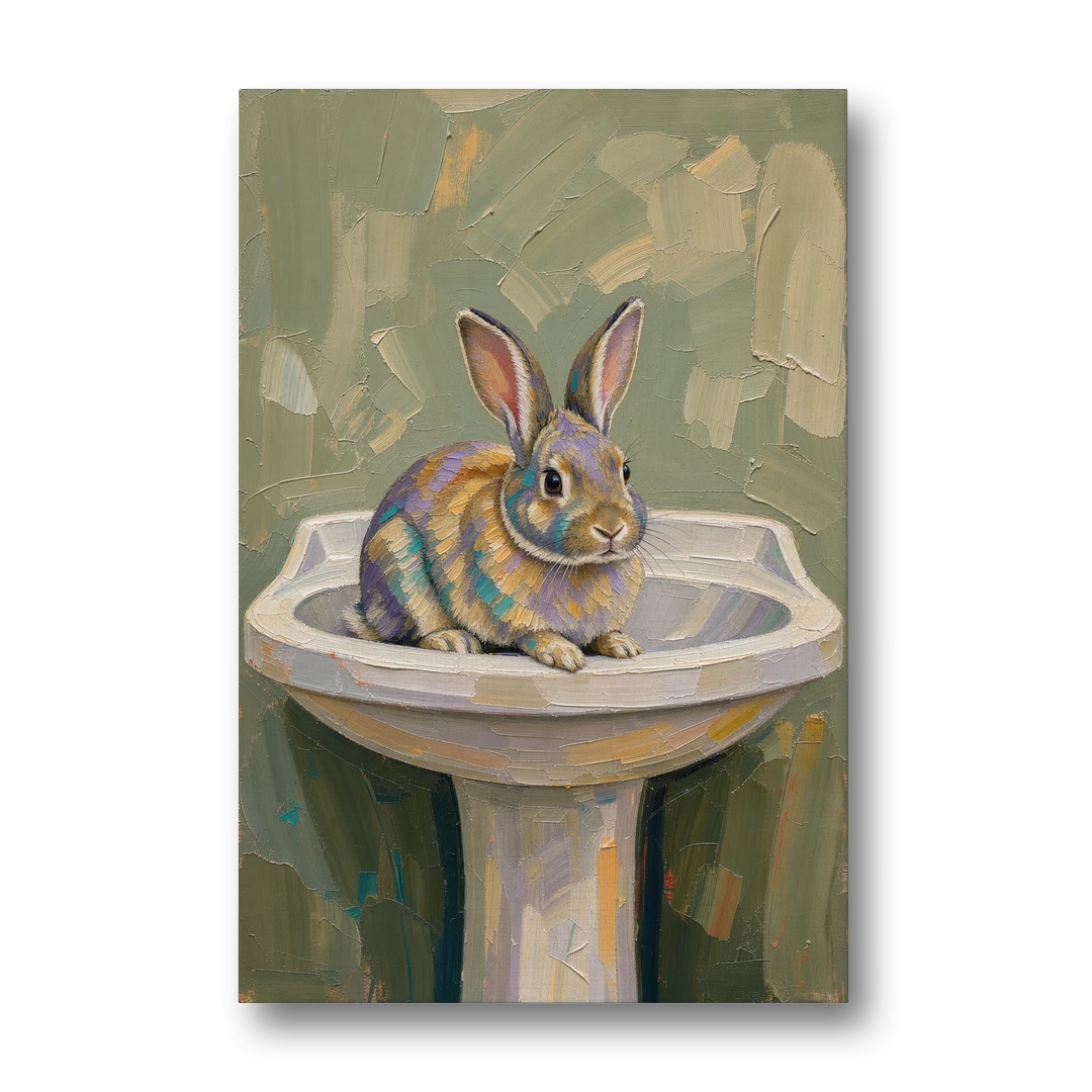Sage Green Bathroom Wall Art with a Basin Bunny - Canvas Wall Art - Front