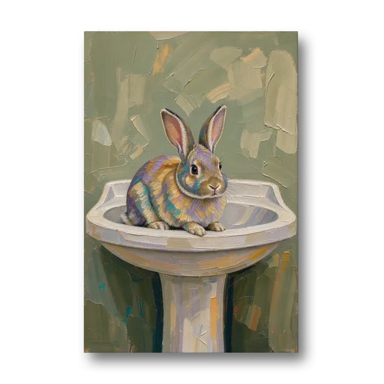 Sage Green Bathroom Wall Art with a Basin Bunny - Canvas Wall Art - Front
