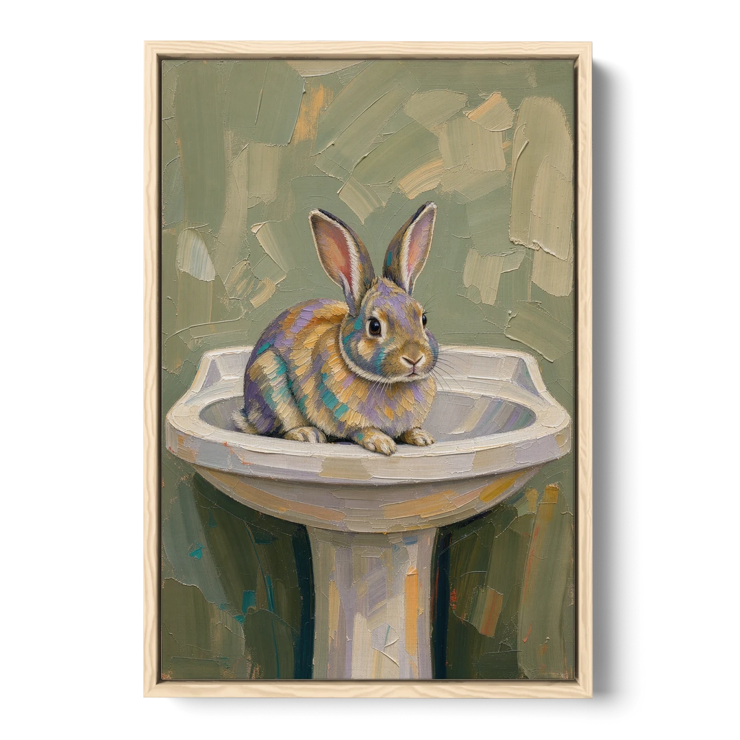 Sage Green Bathroom Wall Art with a Basin Bunny - Oak Framed Canvas Wall Art - Front