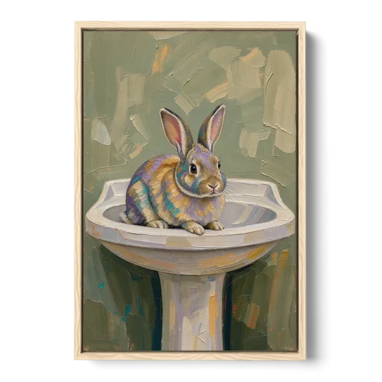 Sage Green Bathroom Wall Art with a Basin Bunny - Oak Framed Canvas Wall Art - Front
