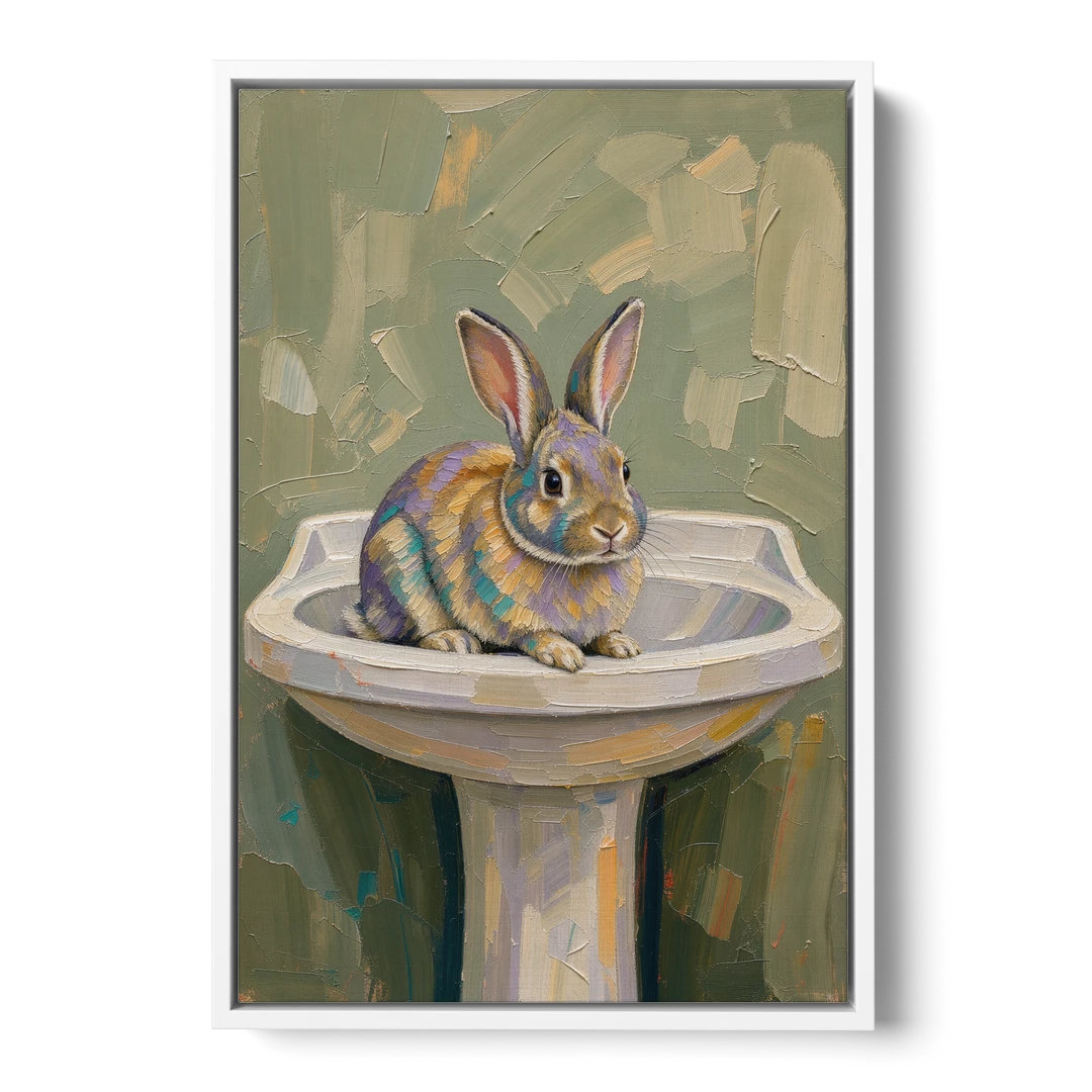 Sage Green Bathroom Wall Art with a Basin Bunny - White Framed Canvas Wall Art - Front