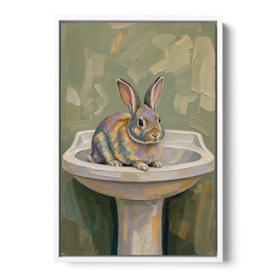 Sage Green Bathroom Wall Art with a Basin Bunny - White Framed Canvas Wall Art - Front