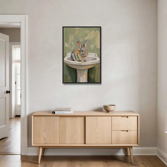 Sage Green Bathroom Wall Art with a Basin Bunny - Black Framed Canvas Wall Art - Coffee Table - 24x36