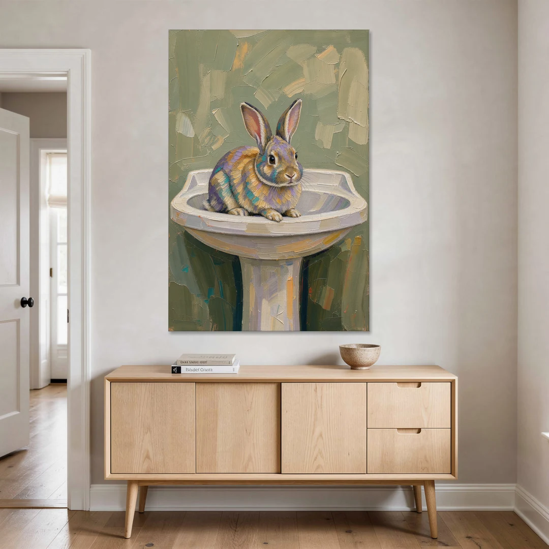 Sage Green Bathroom Wall Art with a Basin Bunny - Canvas Wall Art - Coffee Table - 40x60