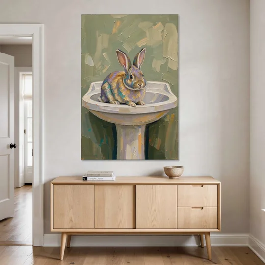 Sage Green Bathroom Wall Art with a Basin Bunny - Canvas Wall Art - Coffee Table - 40x60