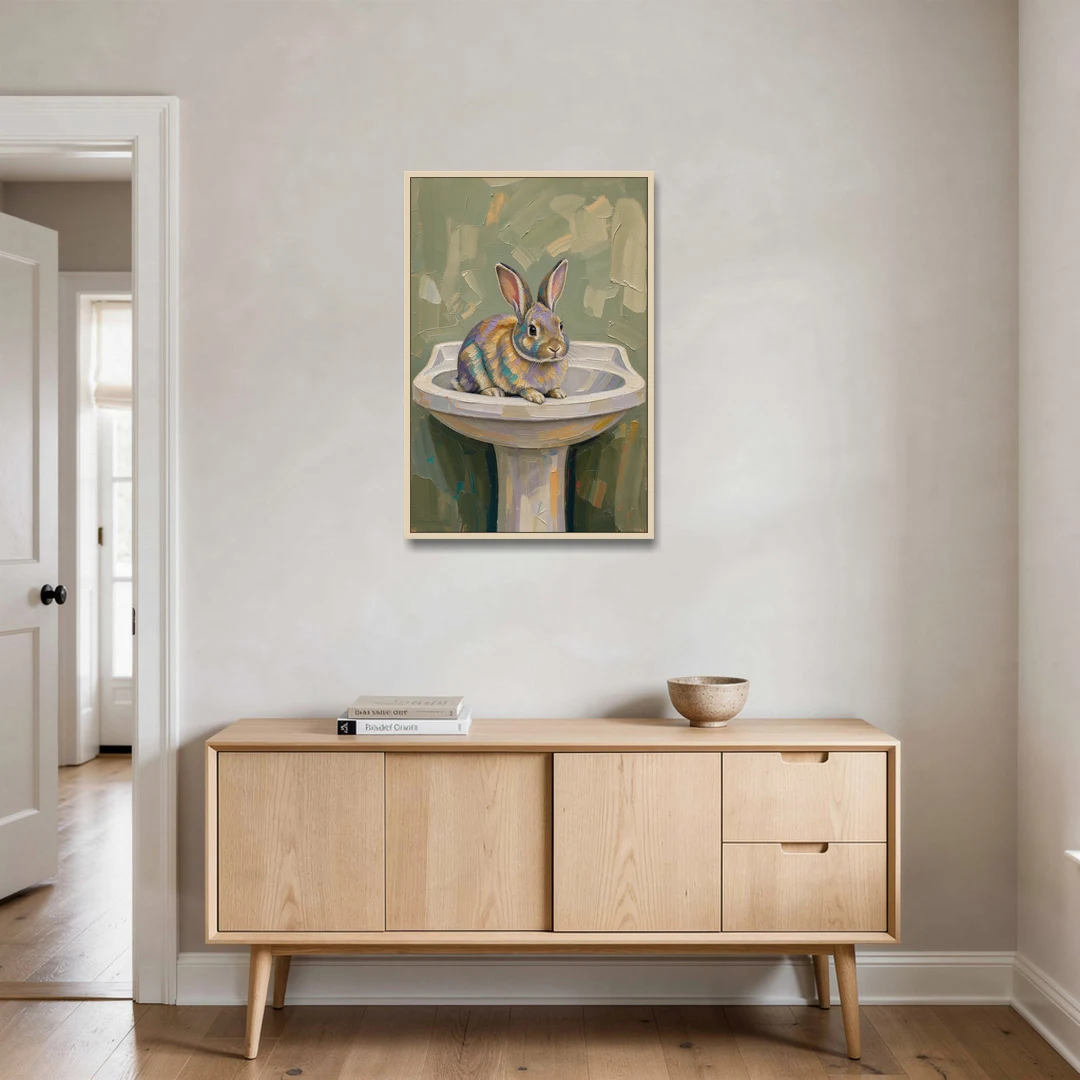 Sage Green Bathroom Wall Art with a Basin Bunny - Oak Framed Canvas Wall Art - Coffee Table - 24x36