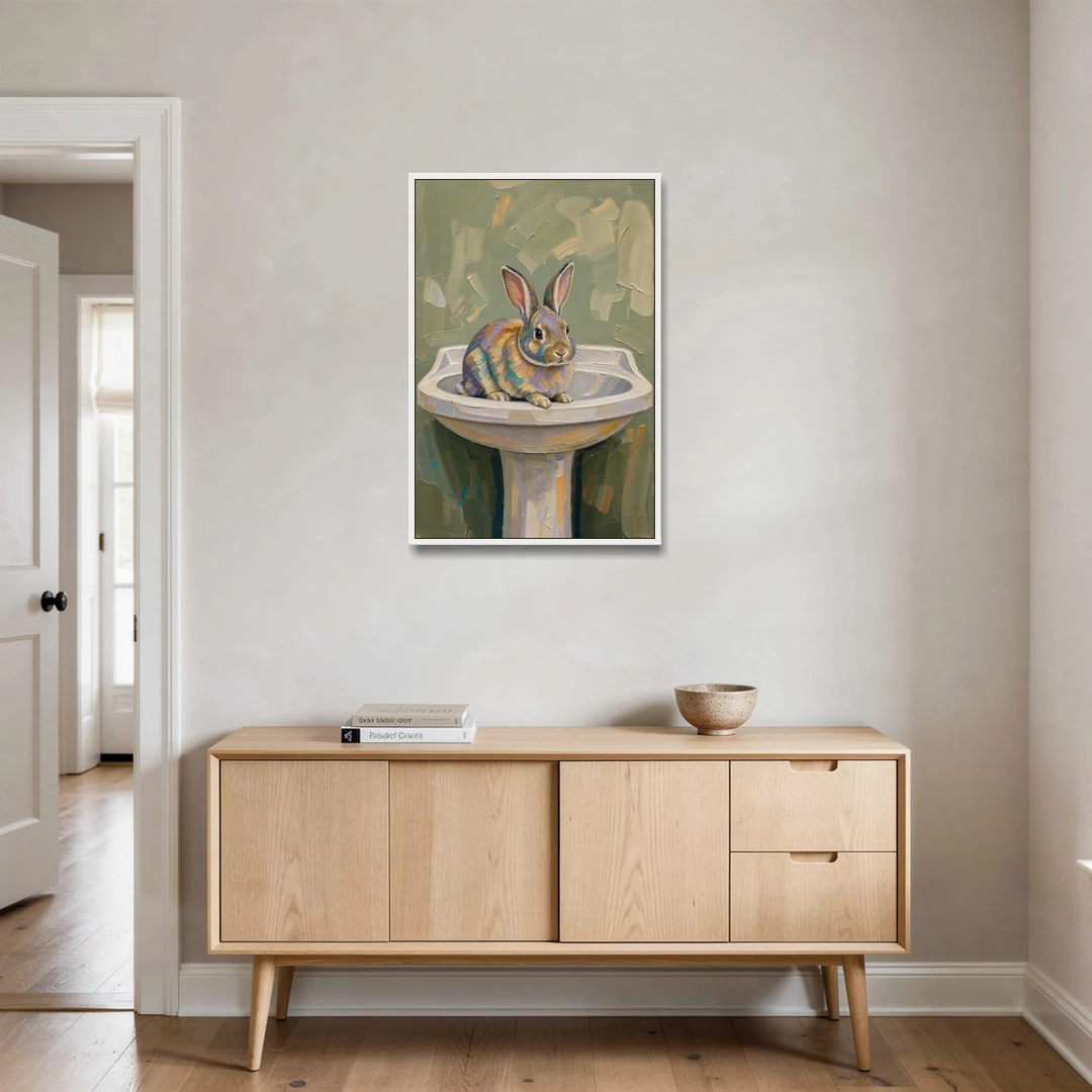 Sage Green Bathroom Wall Art with a Basin Bunny - White Framed Canvas Wall Art - Coffee Table - 24x36