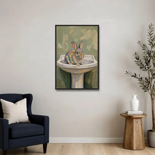 Sage Green Bathroom Wall Art with a Basin Bunny - Black Framed Canvas Wall Art - Sofa - 24x36
