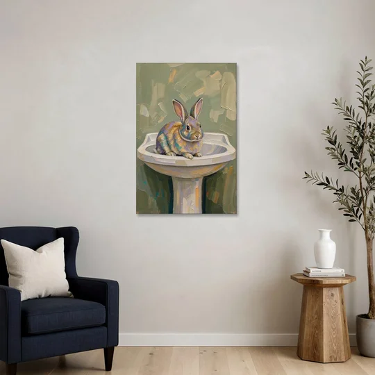 Sage Green Bathroom Wall Art with a Basin Bunny - Canvas Wall Art - Sofa - 24x36