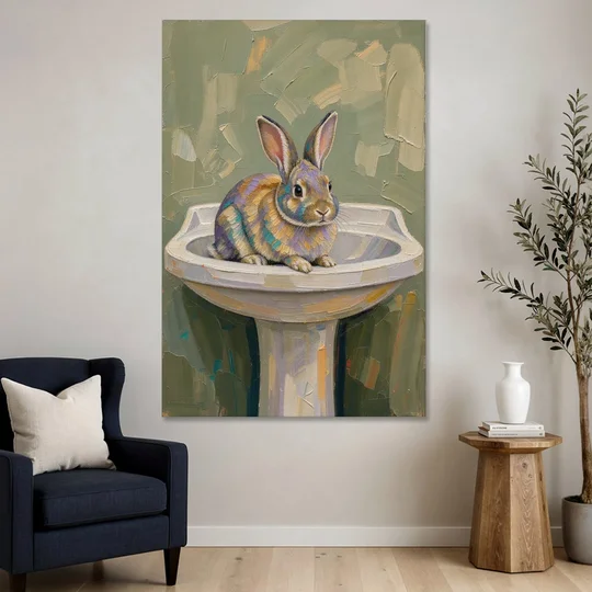 Sage Green Bathroom Wall Art with a Basin Bunny - Canvas Wall Art - Sofa - 40x60