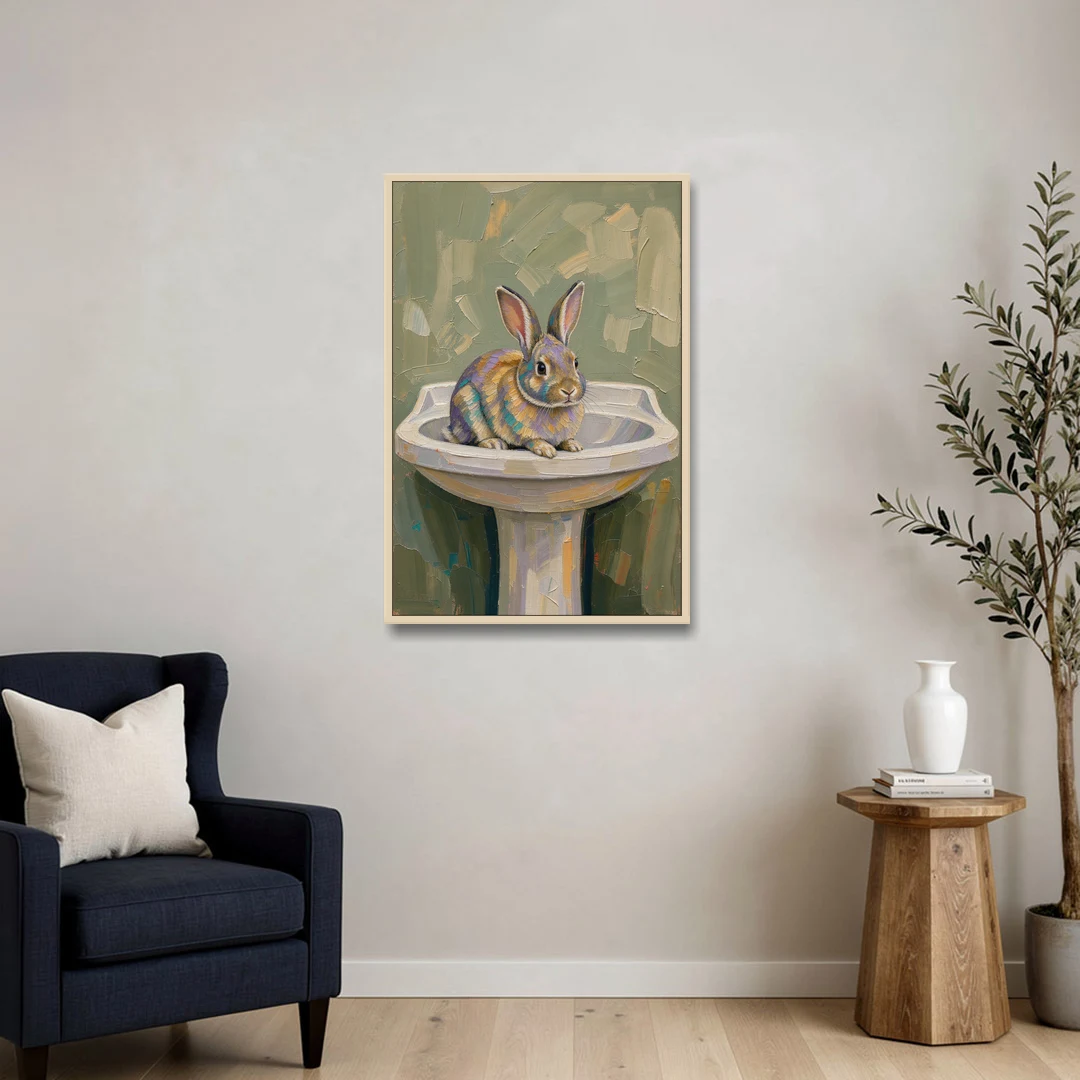 Sage Green Bathroom Wall Art with a Basin Bunny - Oak Framed Canvas Wall Art - Sofa - 24x36