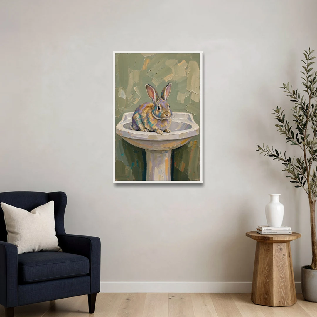 Sage Green Bathroom Wall Art with a Basin Bunny - White Framed Canvas Wall Art - Sofa - 24x36