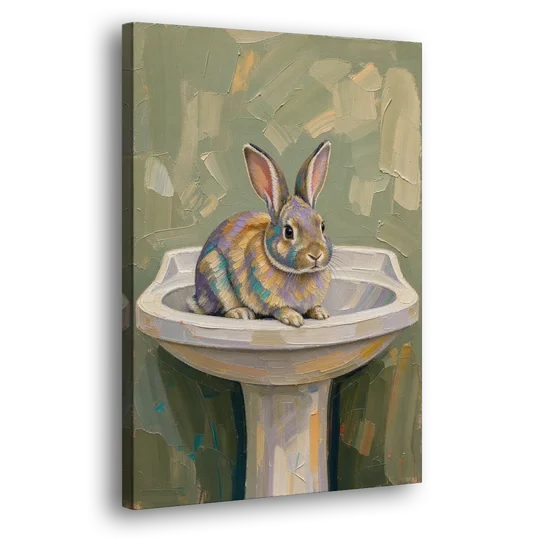 Sage Green Bathroom Wall Art with a Basin Bunny - Canvas Wall Art - Side