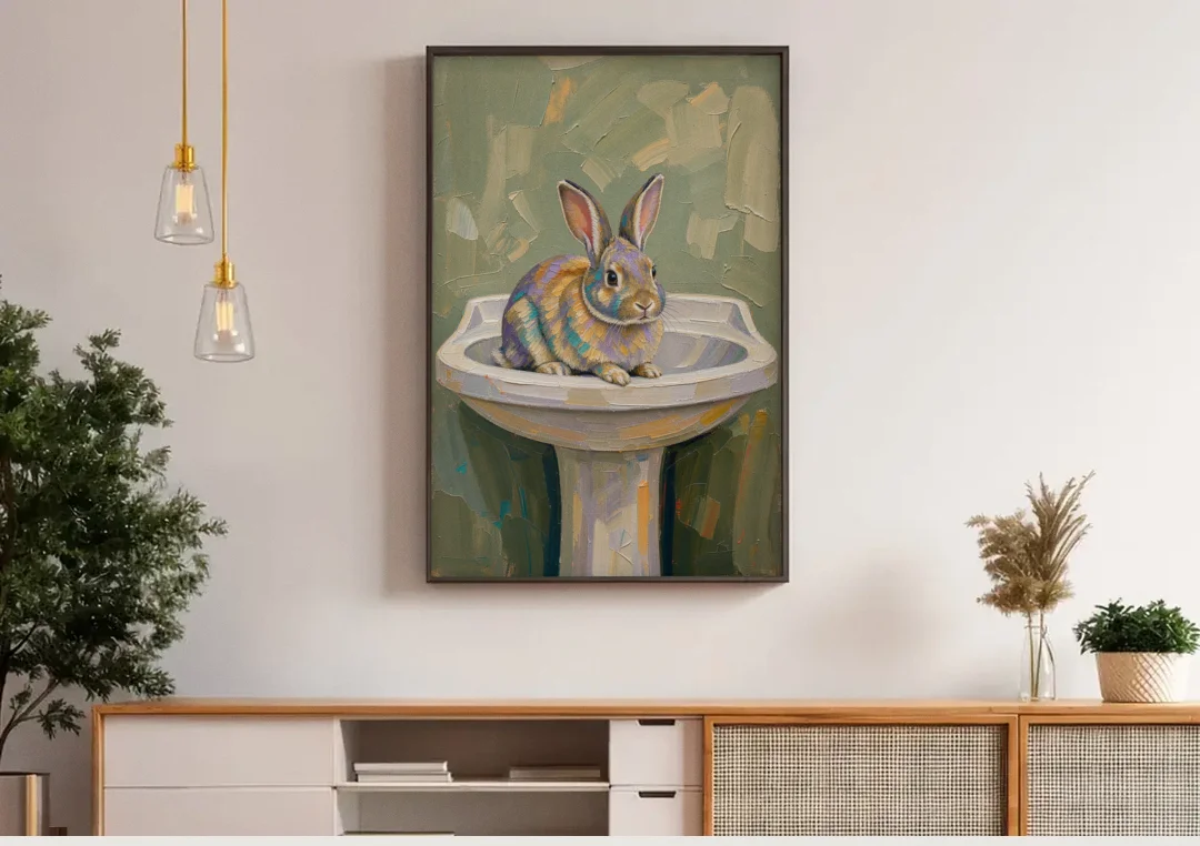 Sage Green Bathroom Wall Art with a Basin Bunny canvas wall art above a wooden sideboard under pendant lights
