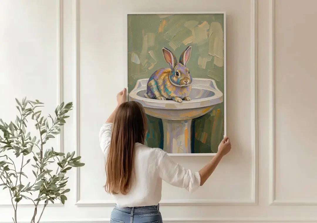 Sage Green Bathroom Wall Art with a Basin Bunny canvas wall art being hung on a paneled wall