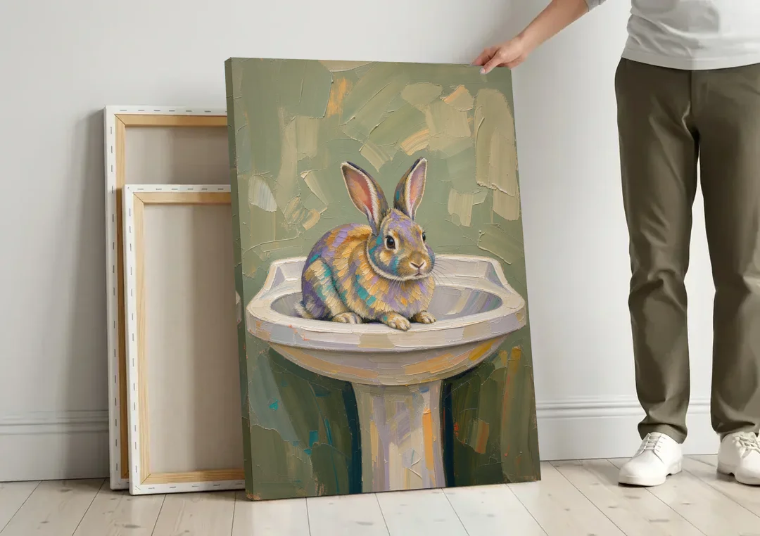 Sage Green Bathroom Wall Art with a Basin Bunny canvas wall art leaning against a wall next to blank canvases