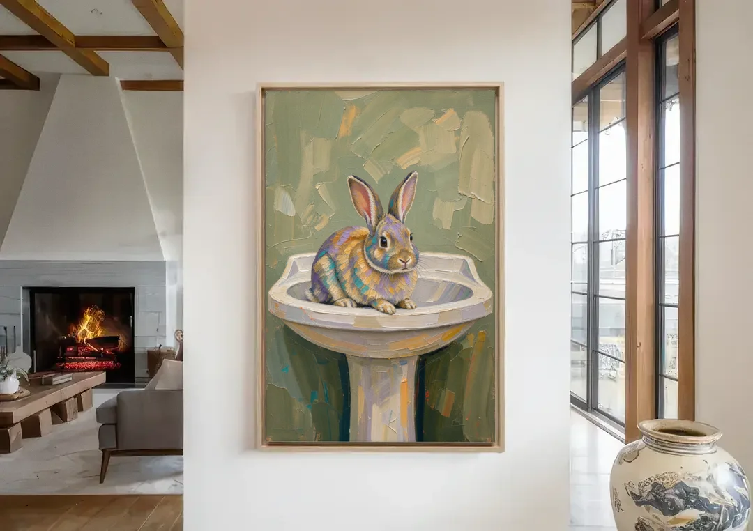 Sage Green Bathroom Wall Art with a Basin Bunny canvas wall art in a living room with a fireplace