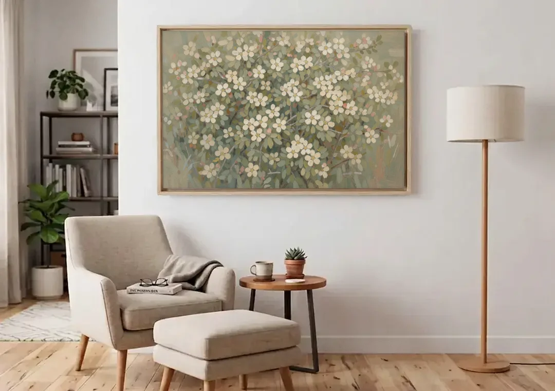Sage Green Botanical Wall Art of Hedgerow Blossoms canvas wall art above an armchair in a bright living room