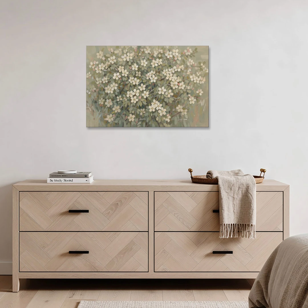 Sage Green Botanical Wall Art of Hedgerow Blossoms - Canvas Wall Art - Coffee Table - 36x24