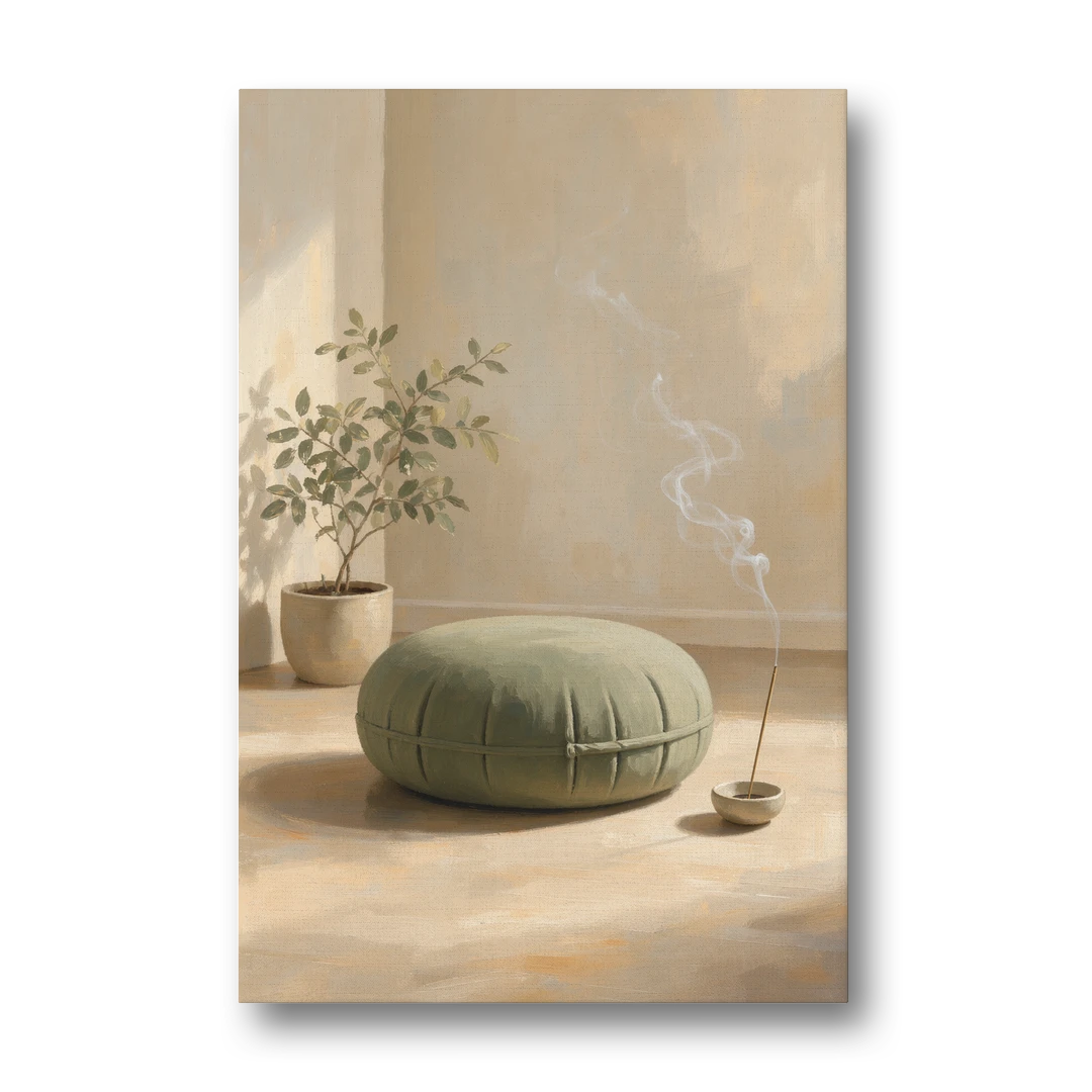 Sage Meditation Cushion with Rising Incense Smoke - Canvas Wall Art - Front