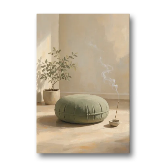 Sage Meditation Cushion with Rising Incense Smoke - Canvas Wall Art - Front