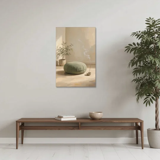 Sage Meditation Cushion with Rising Incense Smoke - Canvas Wall Art - Coffee Table - 24x36