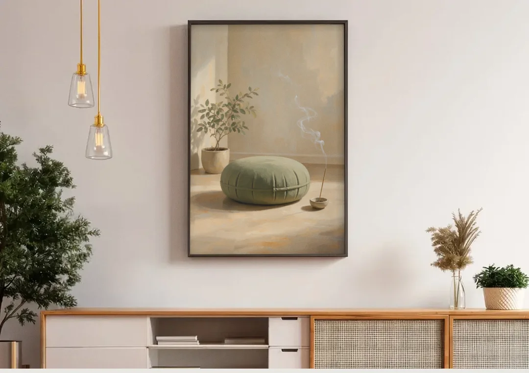 Sage Meditation Cushion with Rising Incense Smoke canvas wall art above a wooden sideboard under pendant lights