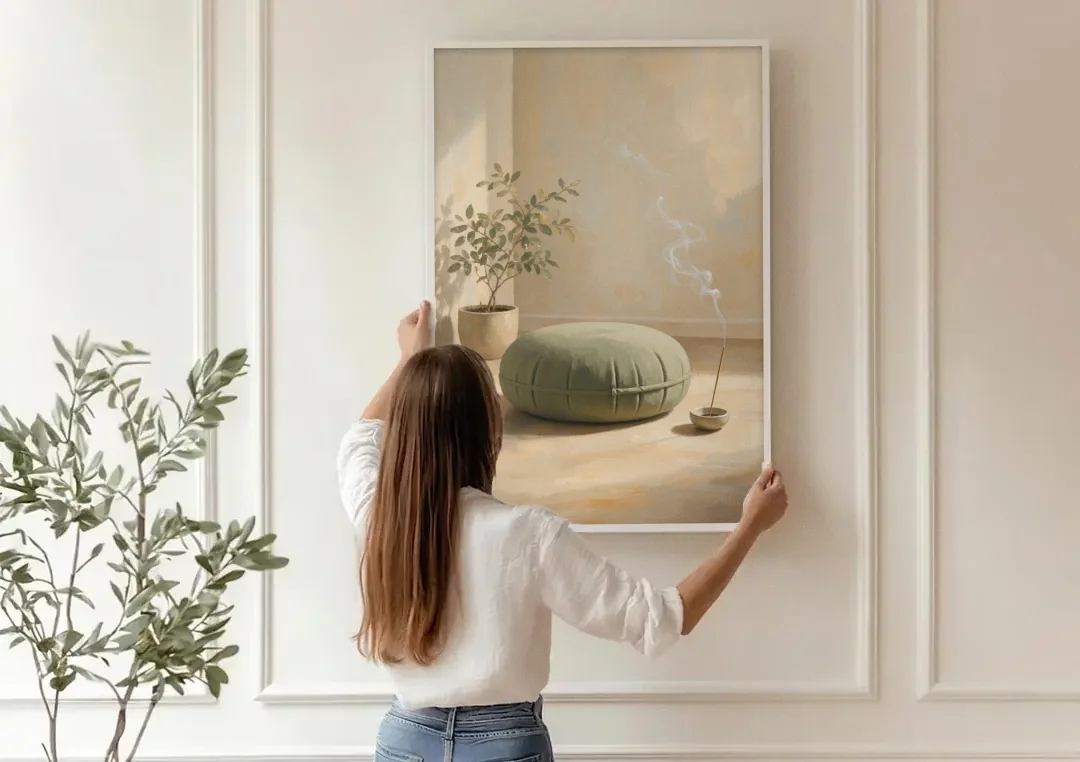 Sage Meditation Cushion with Rising Incense Smoke canvas wall art being hung on a paneled wall